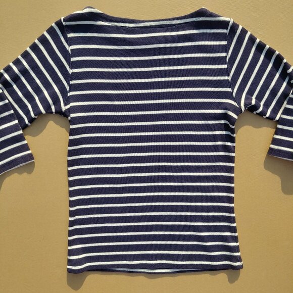 LL Bean navy blue white striped top elbow sleeves size XS Petite - Picture 3 of 8